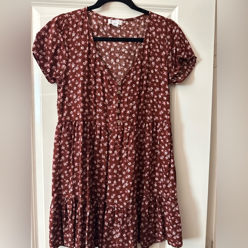 Brown and White Flutter Sleeve V-Neck Mini Sundress